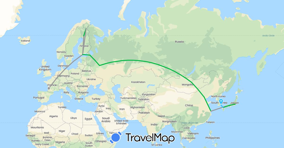 TravelMap itinerary: driving, bus, plane, boat in China, Finland, France, Japan, South Korea, Mongolia, Russia (Asia, Europe)